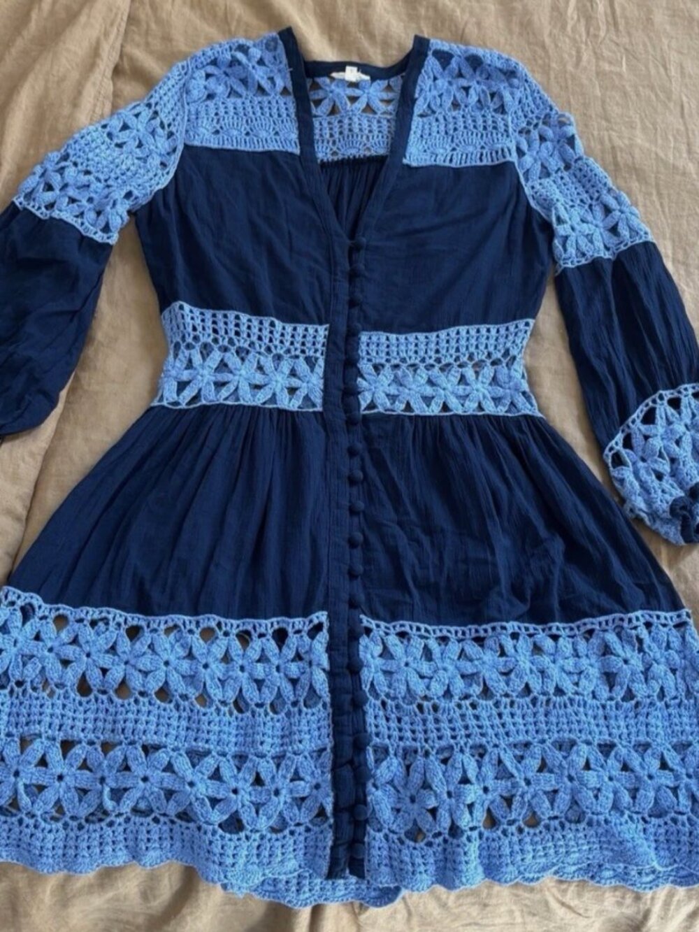 Chasing Unicorns Blue and navy Crochet mockingbird Dress L or XL